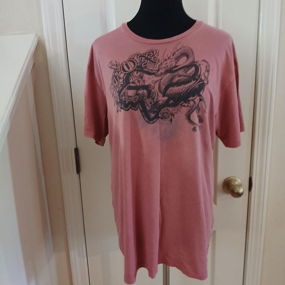 Y2K Vintage Fox Racing Distressed Red Graphic T-Shirt Black Fox Dragon Roses L